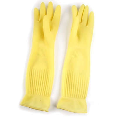 Le troupeau jaune extra-long des gants 45CM de latex de manchette de cuisine a rayé des gants