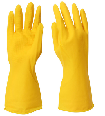 Assemblé rayant les gants jaunes de nettoyage de latex des gants 32CM de Chambre