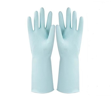 Assemblé rayant le gant naturel de latex de latex de gant de ménage bleu de Morandi