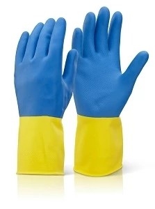 Les gants de ménage de latex de Biolor s'assemblent les gants en caoutchouc rayés de vaisselle de cuisine
