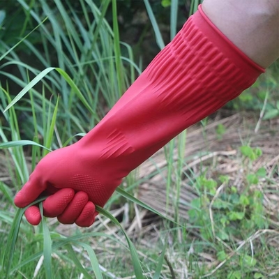 Des gants ménagers en latex avec des palmes et des doigts texturés